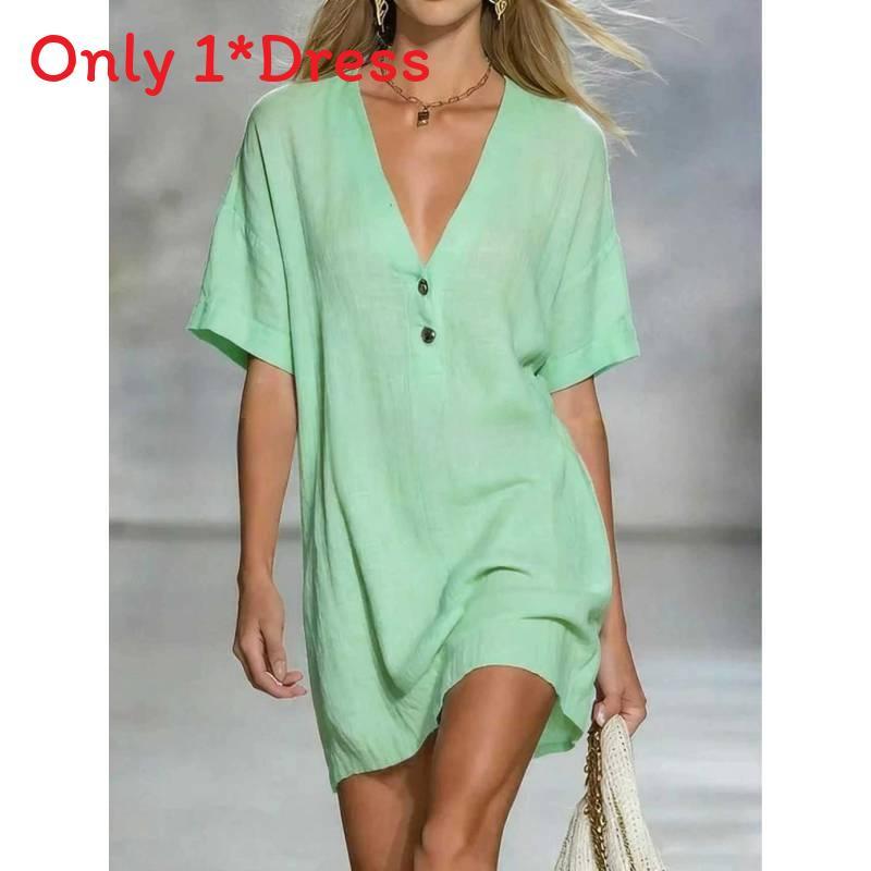 Abito Estivo in Cotone e Lino da Donna con Scollo a V e Collo Semiaperto Stile Casual A-line