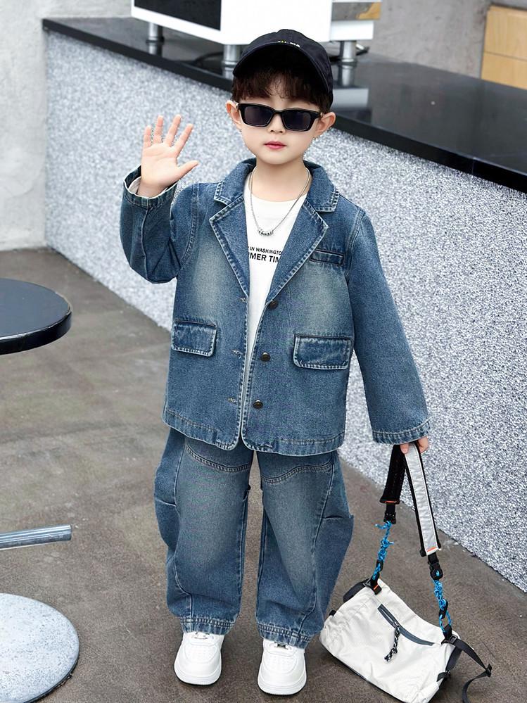 Boys  Retro Washed Denim Suit Set - Loose Fit, Spring/Autumn Korean Style. 130 cm