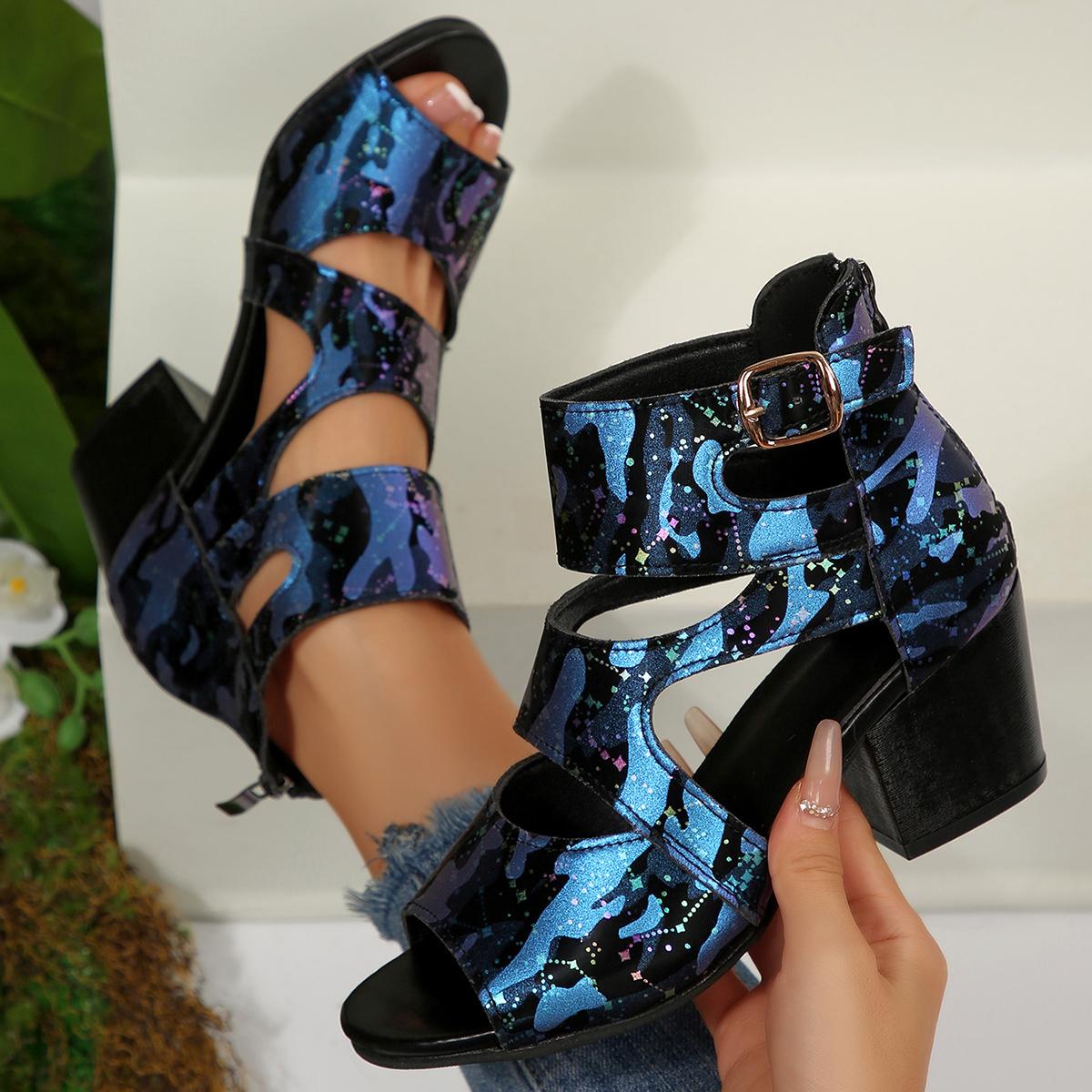 

Fashion Women Sandals 2025 New Sexy Plus Size Shoes Women Brand Designer Cross Strap Sandals Colorful Pattern High Heels Sandals Women 36 синий