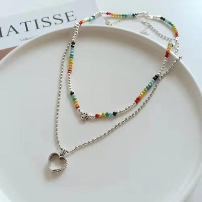 Double Stacked Necklace Women's Color Beaded Smiley Face Love Pendant, Niche Sweater Chain Spice Girl Necklace Accessories