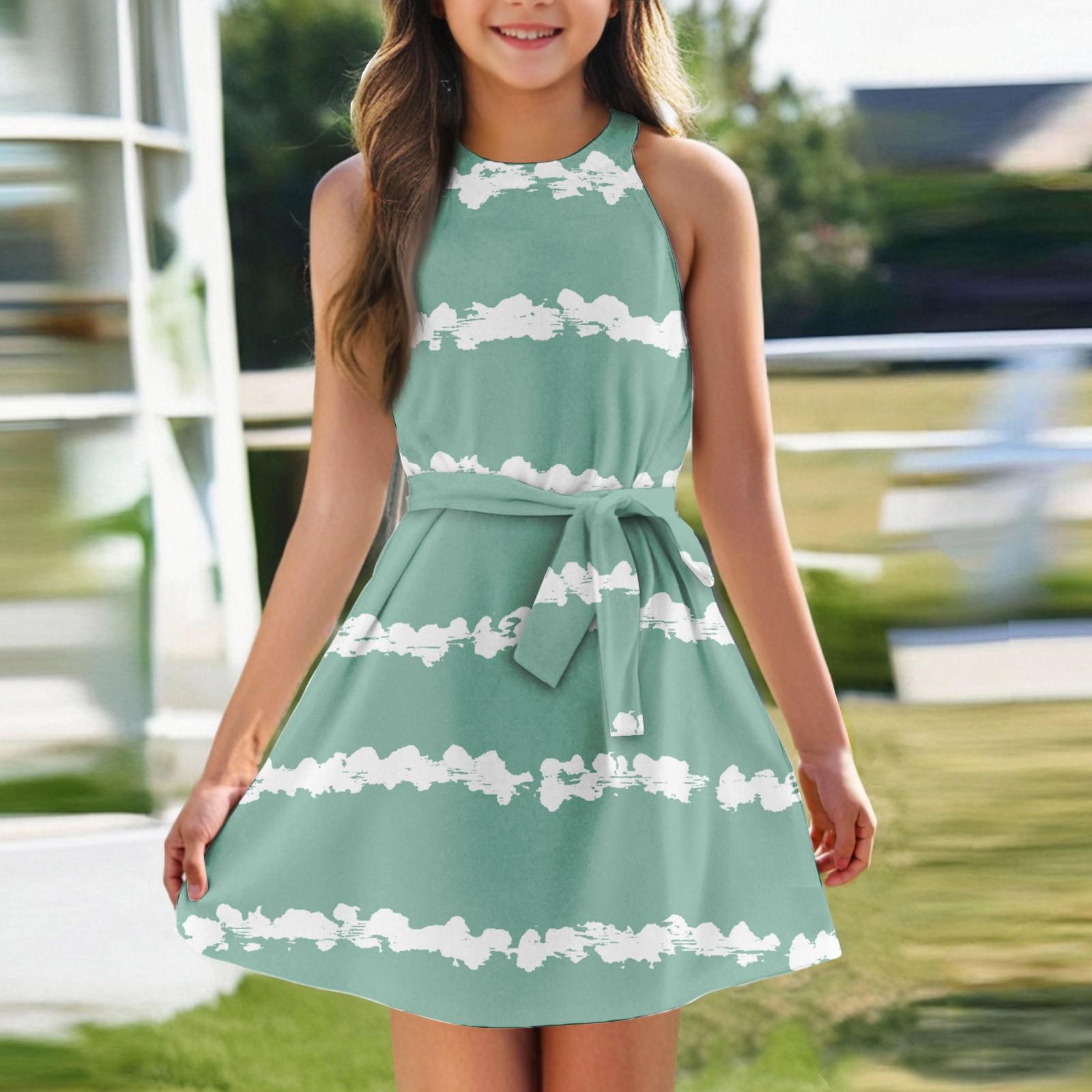 

Летнее платье для девочек Платье без рукавов на бретельках Однотонное платье без рукавов с принтом Повседневное платье 160