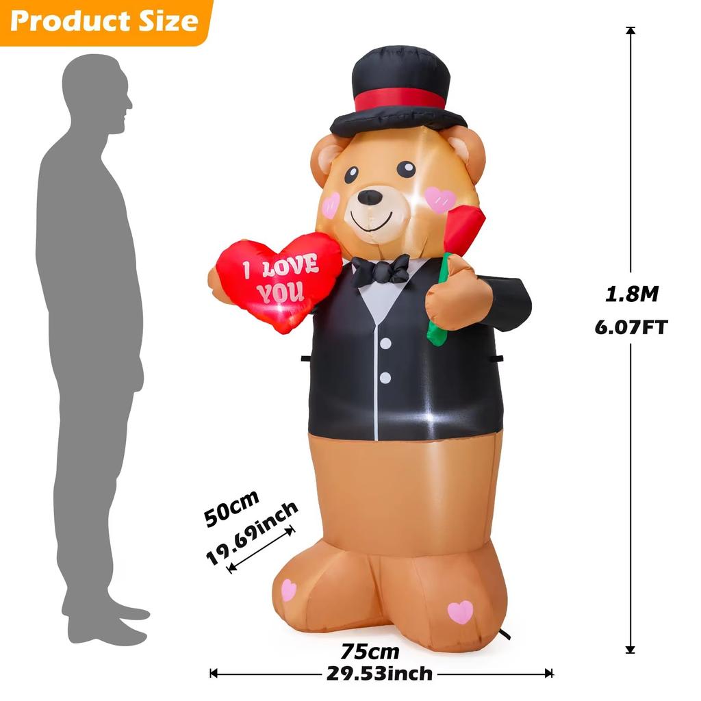 1.8M/6FT Teddy Bear Sir Inflatable Toys Valentine's Day Decor with LED Lights Blow Up Outdoor Garden Romantic Wedding Decoration