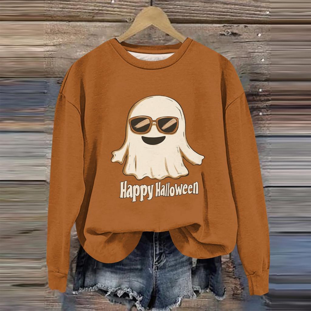Moda feminina manga comprida estampa de Halloween gola redonda suéter top