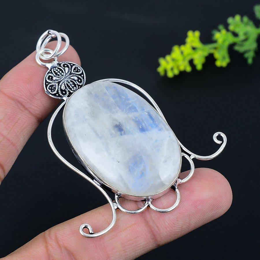 Natural Rainbow Moonstone Gemstone 925 Sterling Silver Pendant 3.03" B3k63