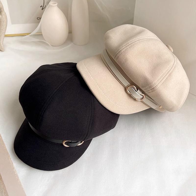 1PC Peak Cap Vintage Belt Buckle Design Gift Accessories Versatile Beret Cool Leather Brim Fashion Octagonal Hat Warmth 58-60cm