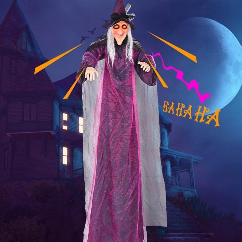 Sound Activated Halloween Witch Ornament with Illuminated Eyes Portable Hanging Decoration for Haunting Celebration
