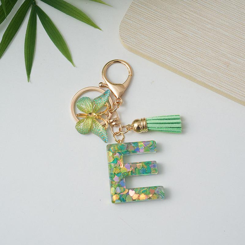 A-Z Initial Letter Keychain Green Butterfly Tassel Letter Charm Bag Pendant Couple Key Holder Pendant For Friend Gifts