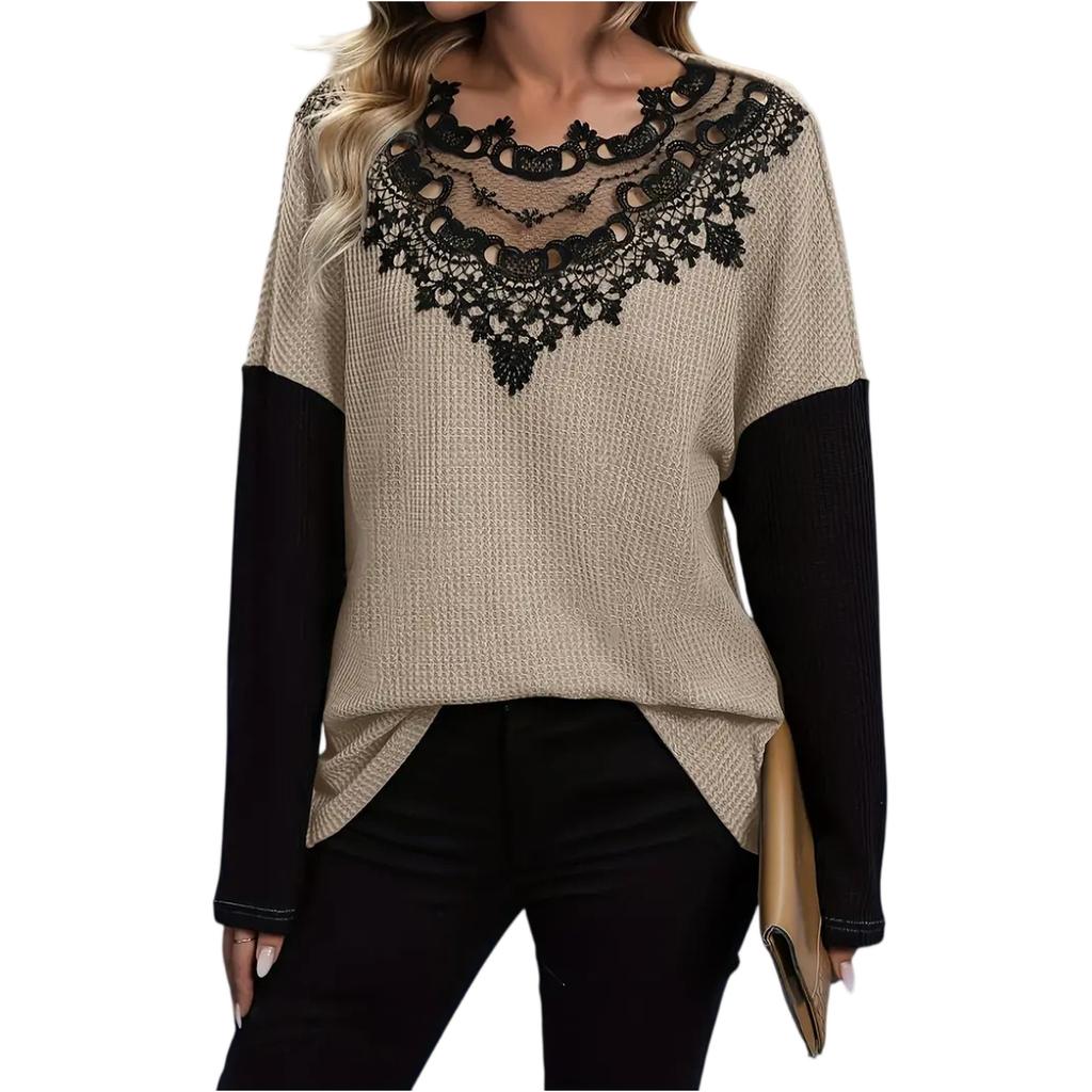 Women's Loose And Comfortable Lace Patchwork Hollow Loose Long Sleeved Top