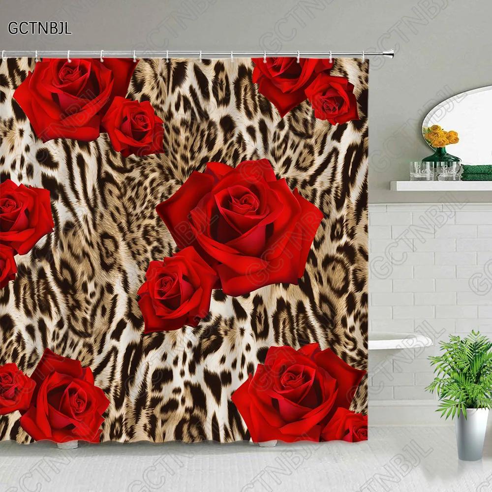 Leopard Print Shower Curtain Leopard Print Rose African Wildlife Pattern Bathtub Decor Fashion Bathroom Decoration With Hooks 90x180cm