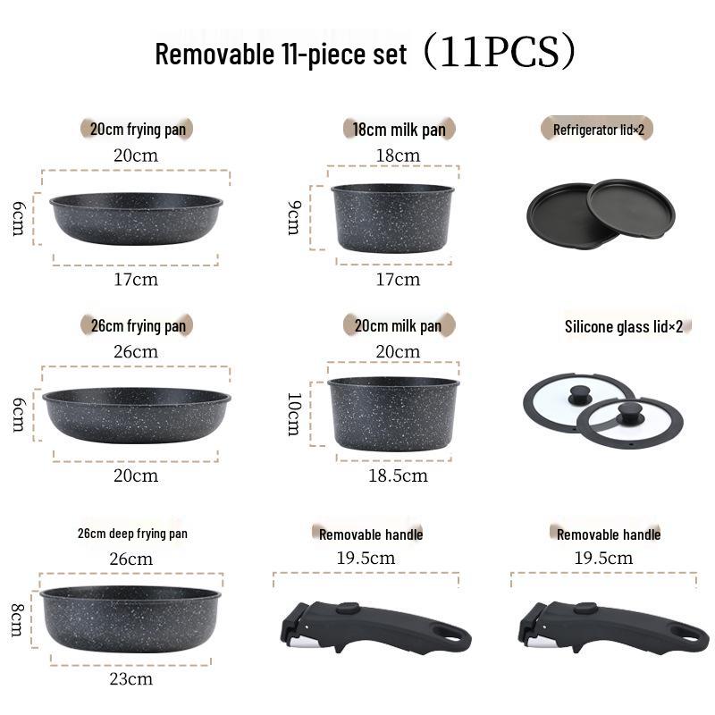 Detachable Handle Non-Stick Maifan Stone Cookware Set: Stir-Fry & Flat-Bottomed Pan for Induction Cookers.