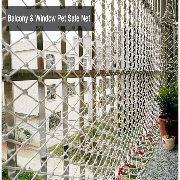 Filet de protection balcon 3×2 m, maille 5 cm pour chats et enfants - polyester/coton résistant +100 serre-câbles