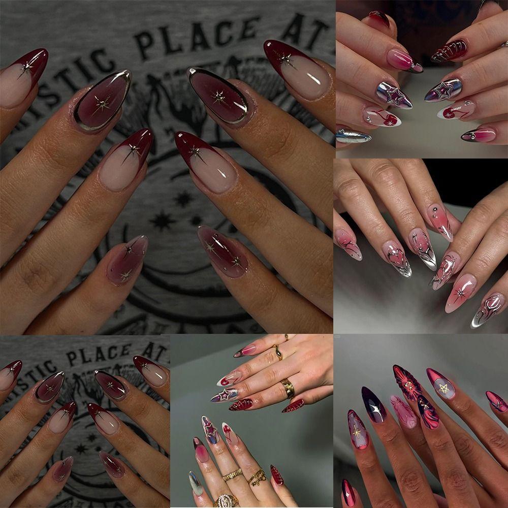 24pcs Manicure Long Almond False Nails Simple Cherry Color Fake Nials French Detachable Press on Nails Women
