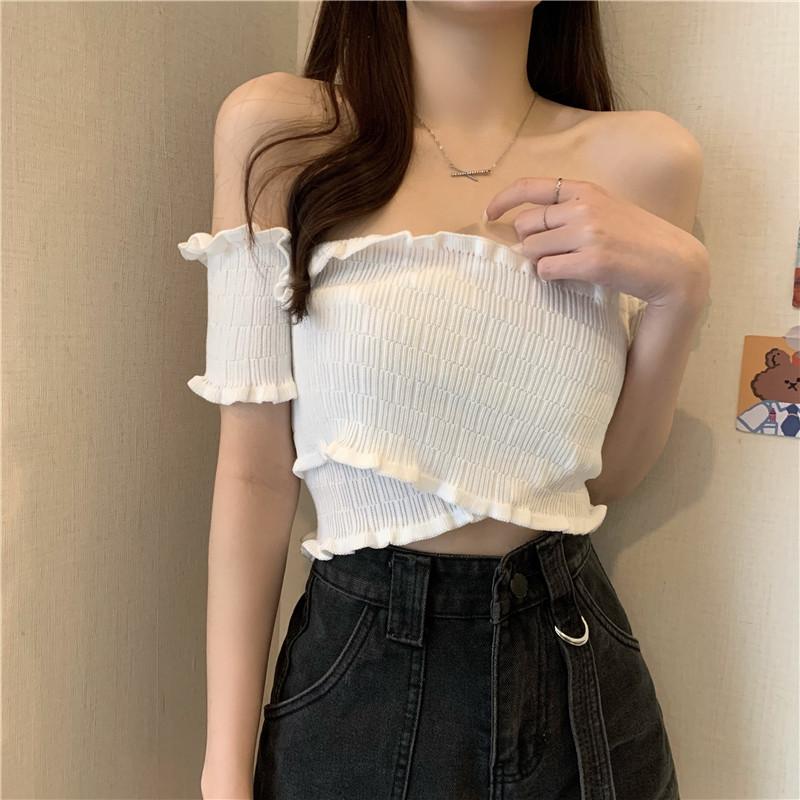 Womens Cropped Off Shoulder Knit T Shirt Sexy Slim Fit Sleeveless Top