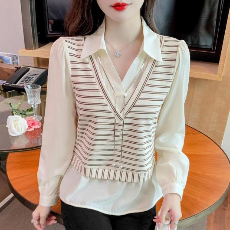 

Women s Beige Fake Two-Piece Blouse Striped Vest Design Collar Long Sleeve Loose Casual Elegant Office Top S бежевий