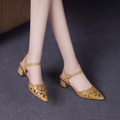 Women's Cut-Out Sandals Chunky Heel Pointed Toe Single Strap Korean Style Summer Shoes Orthopedic Comfort