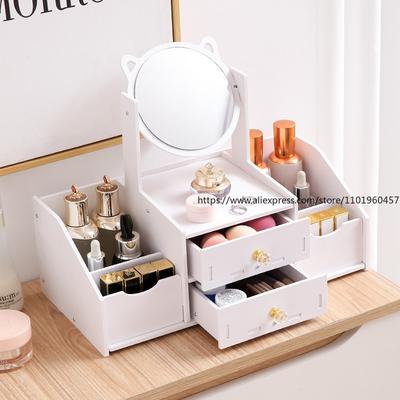 Espejo de tocador tipo cajón de escritorio Caja de almacenamiento Espejo de maquillaje redondo para tocador Organizador para joyas Productos de cuidado de la piel