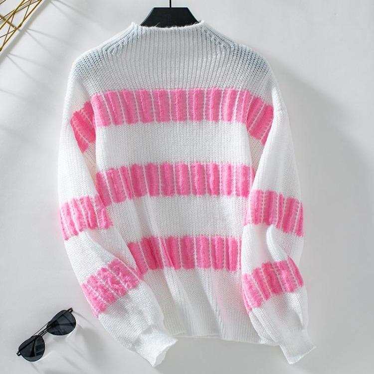 Autumn Winter Vintage Stripe Pullover Knitwear Top Loose Long Hooded Stand Collar Sweater