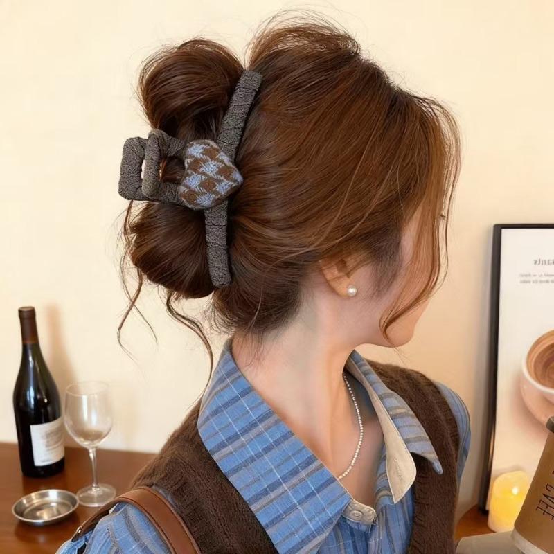 Retro Checkered Heart Clip Hairpin for Women, High-end Shark Clip Updo Hairpin, Houndstooth Hairpin