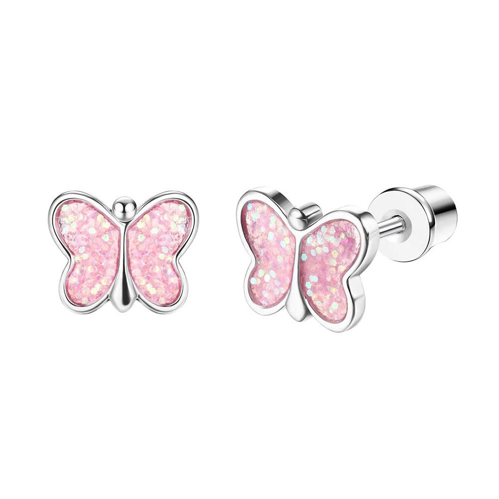 Bobisty 1Pair Cute Screw Back Earrings for Women Stainless Steel Multicolored Heart Flower Butterfly Rainbow CZ Stud Earrings