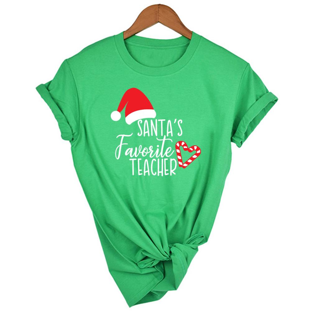Santa S Favorite Teacher Print Women T Shirt Christmas Santa Hat Candy Cane Heart Print L