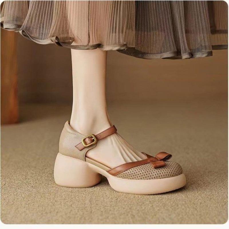 Retro Shoes, Thick-soled High Heels, Women's Cutouts, Thick Heels, Casual One-button Sandals