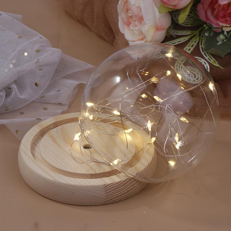 Szklana Kopuła Drewniana Podstawa Z Oświetleniem LED Wazon Krajobrazowy Pokrywa Cloche na Suszone Kwiaty Pojemnik Holder na Rośliny Sukulentowe DIY Wystrój Sypialni