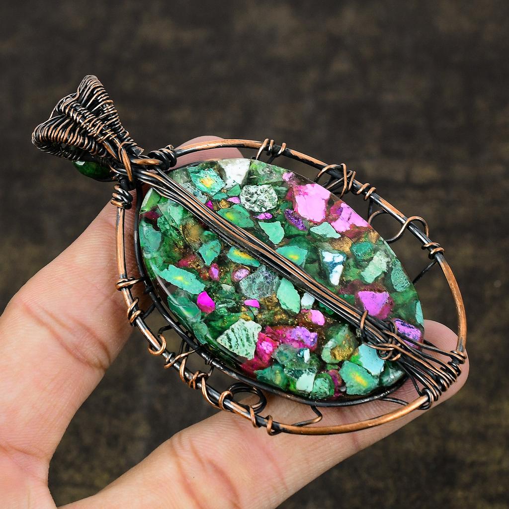 Ruby Zoisite, Emerald Natural Lab-Created Copper Wire Wrap Pendant 3.62" b9t60