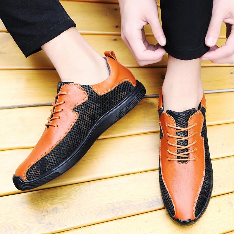 Genuine leather men's casual breathable mesh shoes Casual lace-up Hollow out shoes comfortable outdoor stroll Hot selling