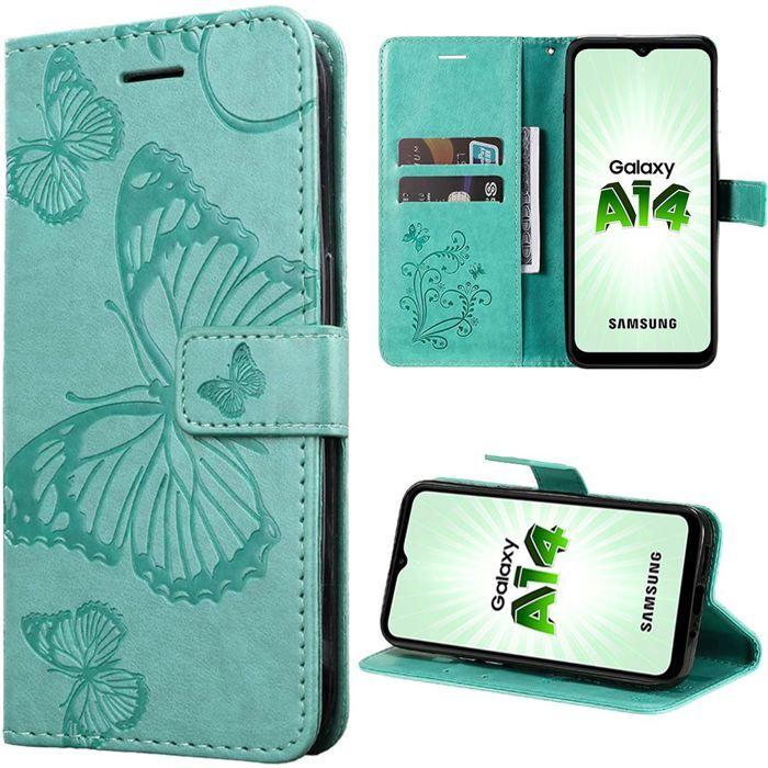 Case - BOOLING® - for Samsung Galaxy A14 - Flip Protection - Butterfly Pattern - Green and 2 Tempered Glasses