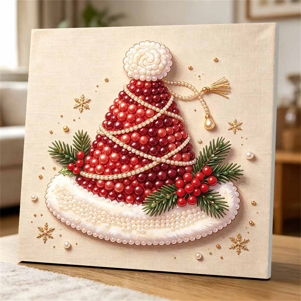 Premium Framed Pearl Art Kit with Christmas Santa Hat Pattern 5D Sparkling Bead Canvas DIY Relaxing Craft for Home Wall Decor Gift