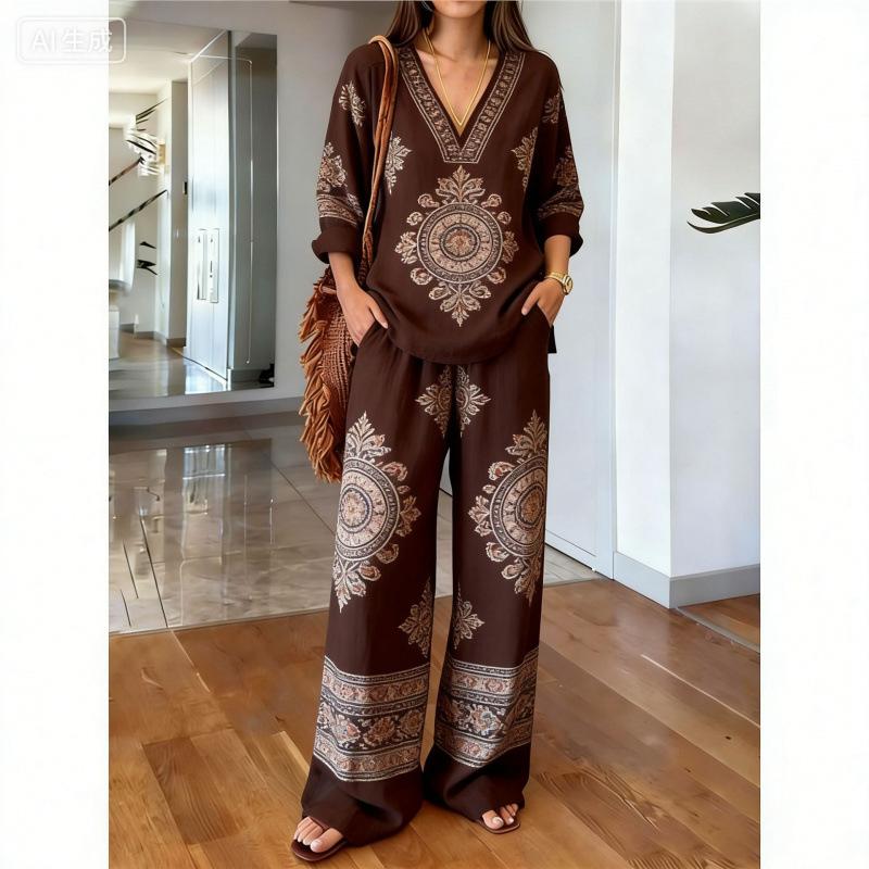 Loose casual y1 new v-neck top wide-leg pants two-piece women's clothing European and American fashion suit