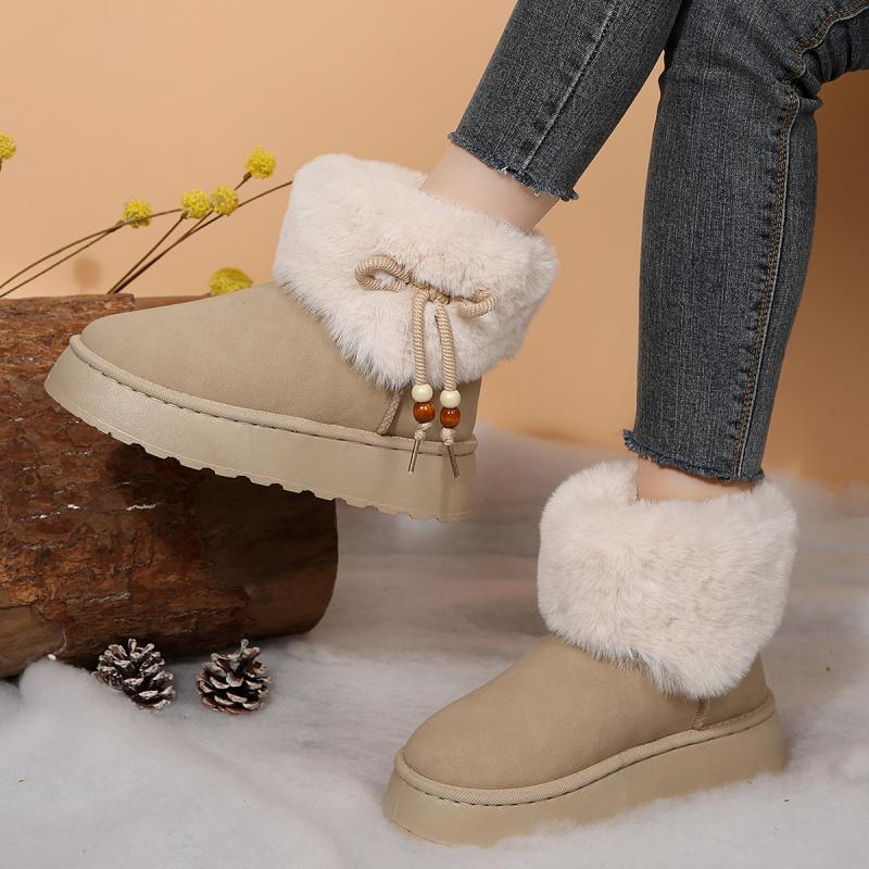 Sweet Beaded Bowknot Decoration Furry Snow Boots Women 2025 Winter Soft Thick Bottom Non Slip Fur Booties Warm Short Plush Boots