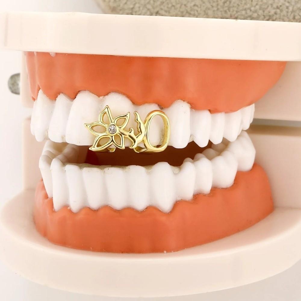 Glossy Finish Double Hollow Flower Grillz Silver Irregular Shape Tooth Grills Teeth Grillz  Party