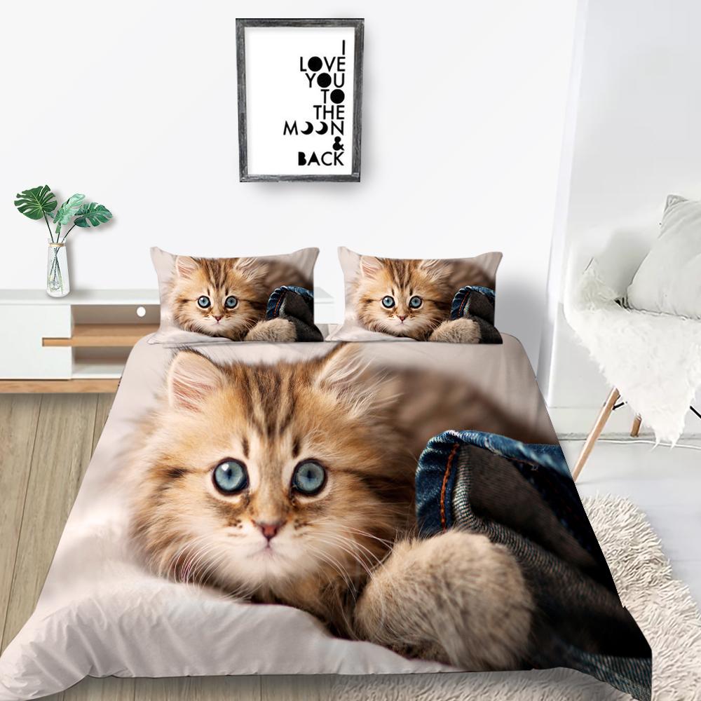 Cat Duvet Cover Set King Size Microfiber Cute Animal Print Girl Teen Kid Comforter Cover Lovely Kitty Series Pattern Bedding Set