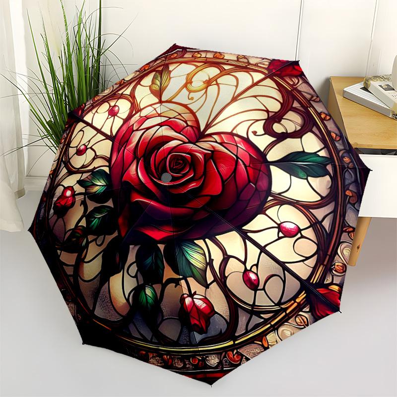1PC Stained Rose Heart Automatic Open/close, All-Season Portable Folding Umbrella for Women & Men yy250919169