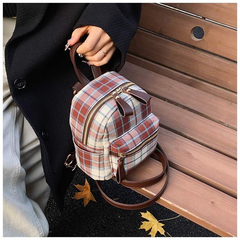 Schultasche Tasche Damen 1011 Herbst und Winter Neu Vielseitig Mode Wildleder Rucksack Retro College Karomuster Diagonal Umhängetasche