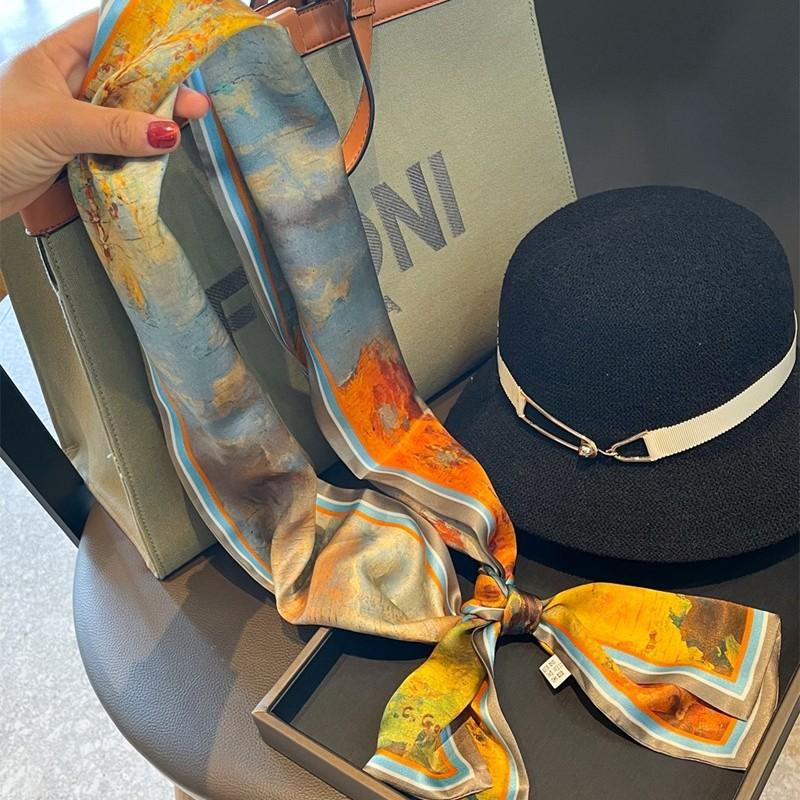 Mulberry Silk Oil Painting Silk Scarf Femininity Elegant Birch Silk Scarf Versatile Small Long Streamer Bag Decoration