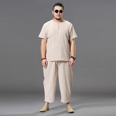Men's Clothing Large Size Tracksuit Husband Summer Suit Linen T-shirt Fashion Male Set Chinese Style Plus Size