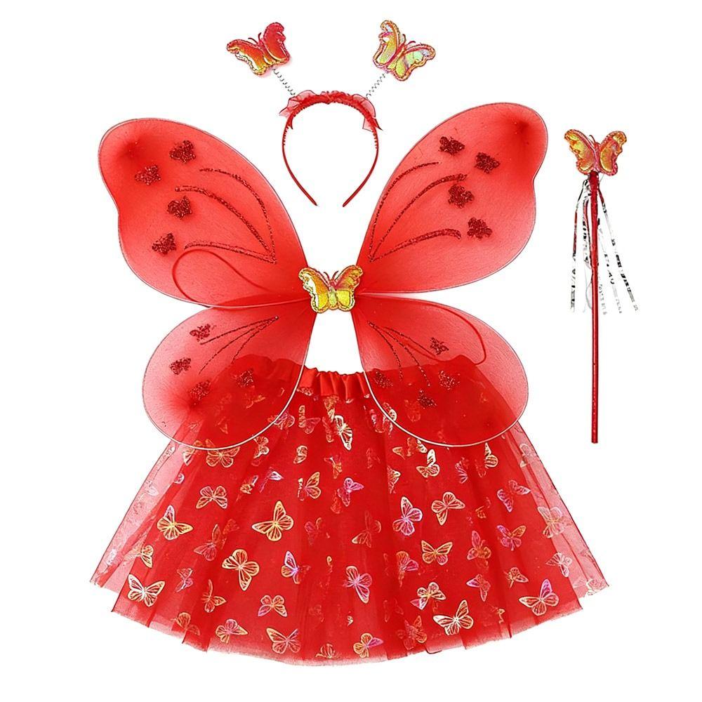 4Pcs/Set Fairy Princess Costume Butterfly Wings Puff Skirt Butterfly Wing Set Tutu Skirt Headband Angel Costume