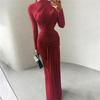 European and American style autumn and winter new women's clothing fashion solid color pleated round neck slim long sleeve temperament dress women