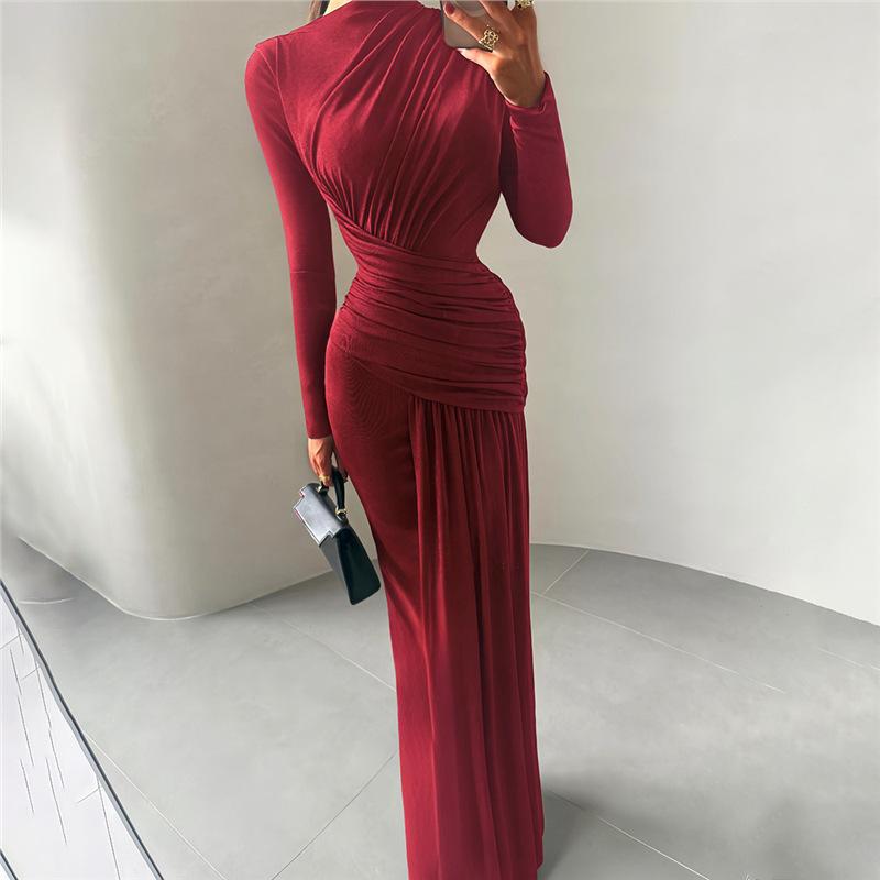 European and American style autumn and winter new women's clothing fashion solid color pleated round neck slim long sleeve temperament dress women