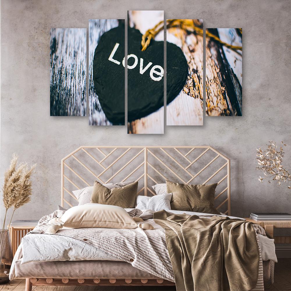 Five Piece Picture Canvas Print Heart Wood Love Shabby