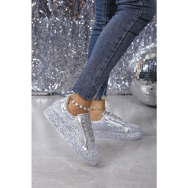 2025 Spring New Arrival Plus Size Lace-Up Women's Shoes Sequin-Embellished Round-Toe Casual Flats