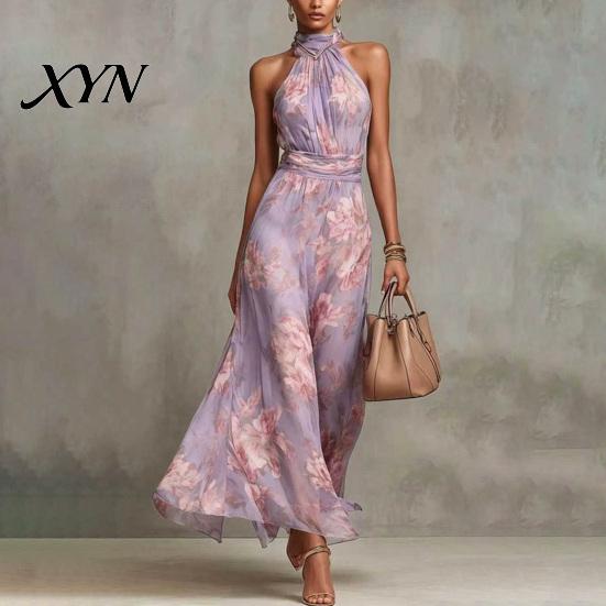 Tallening Body Shape Dress Floral Chiffon for Women, Halter Sleeveless Ruched Maxi Green Print Dress, Turtle Neck Wedding Guest Cocktail Evening