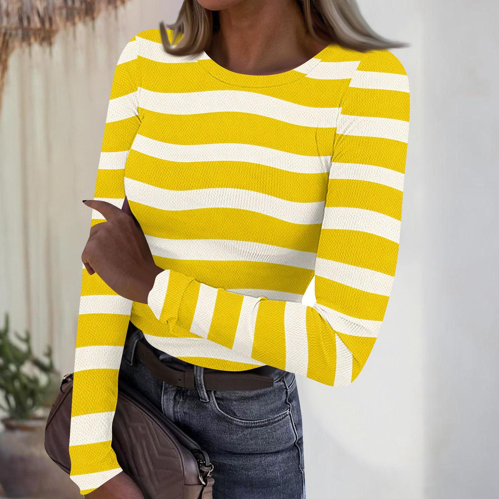 

Women s Casual Fashion Round Neck Striped Print Long Sleeve Ribbed Top L жовтий