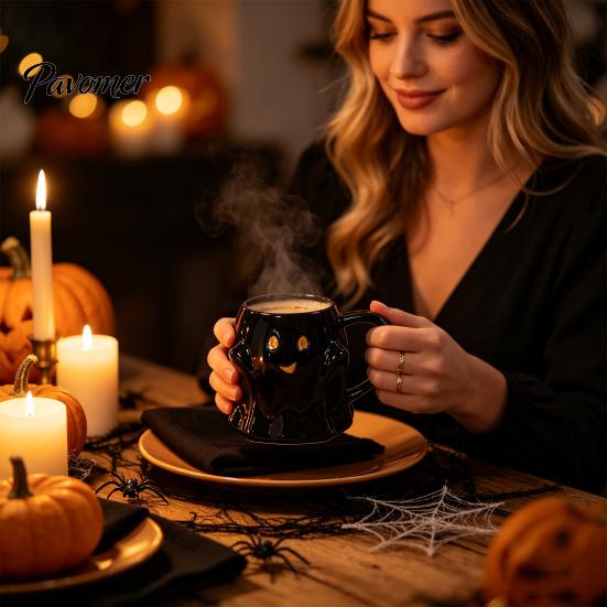 Ergonomic Handle Water Mug Halloween Ghost Ceramic Cup, Cute 3D Smiling Face Novelty Birthday Present Coffee Mug, Decorative Drinkware for Hot