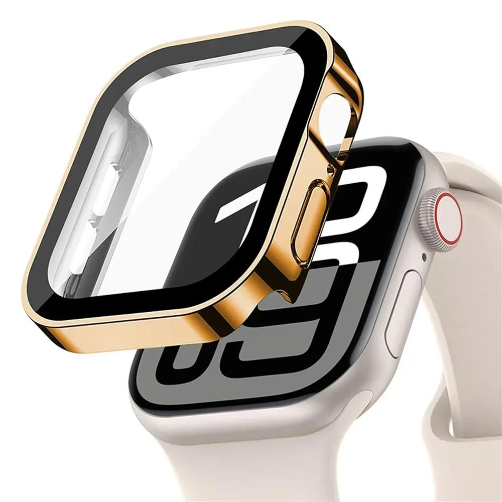Glass+Case For Apple Watch 42mm 46mm 45mm 41mm 44mm 40mm Straight Edge Screen Protector Cover Case iWatch SE 3 6 7 8 9 10 11 7
