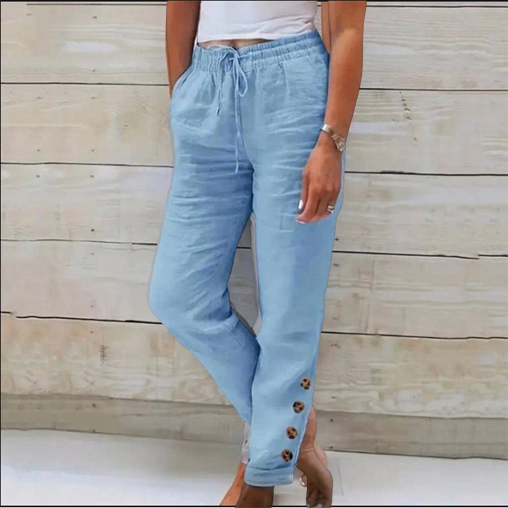 Women's Fashionable Stretch Waist Straight-cut Casual Buttoned Pants