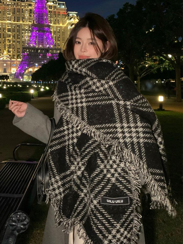 Retro Fashion Winter Women Knitted Scarf Headscarf Casual Preppy Brown Black Plaid Scarve Lady Mujer Thick Wrap Shawl Korean New