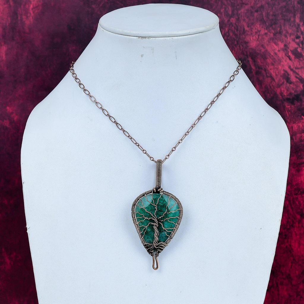 Tree Of Life Faceted Zambian Emerald Pendant Copper Wire Wrapped Gemstone Jewelry